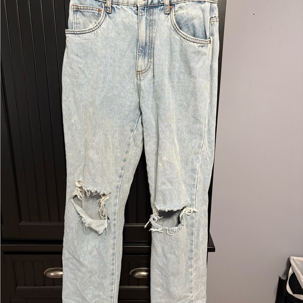 Blue Straight Leg Distressed Denim Pants